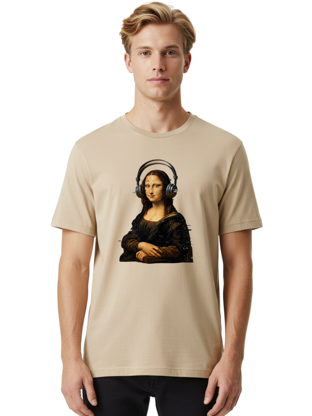 Mona-Lisa-With-Headphones-1 Men'S Graphic Tee, 100% Cotton, Comfortable Casual Summer Wear, Machine Washable, Vintage Camera, Old Camera, Antique Camera, Black Camera, Classic Photography, Photography Equipment, Nostalgic Device, Film Camera, Bam907