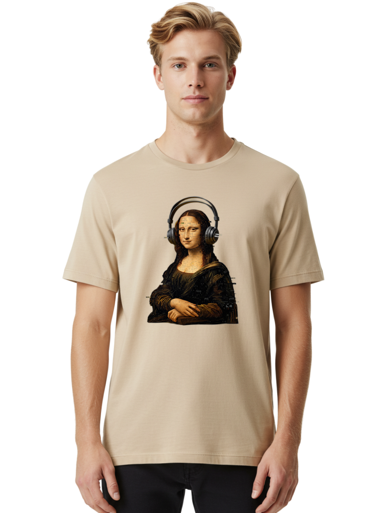 Mona-Lisa-With-Headphones-1 Men'S Graphic Tee, 100% Cotton, Comfortable Casual Summer Wear, Machine Washable, Vintage Camera, Old Camera, Antique Camera, Black Camera, Classic Photography, Photography Equipment, Nostalgic Device, Film Camera, Bam907