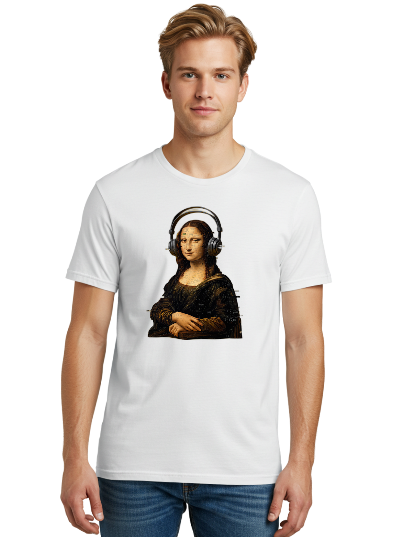 Mona-Lisa-With-Headphones-1 Men'S Graphic Tee, 100% Cotton, Comfortable Casual Summer Wear, Machine Washable, Vintage Camera, Old Camera, Antique Camera, Black Camera, Classic Photography, Photography Equipment, Nostalgic Device, Film Camera, Bam907