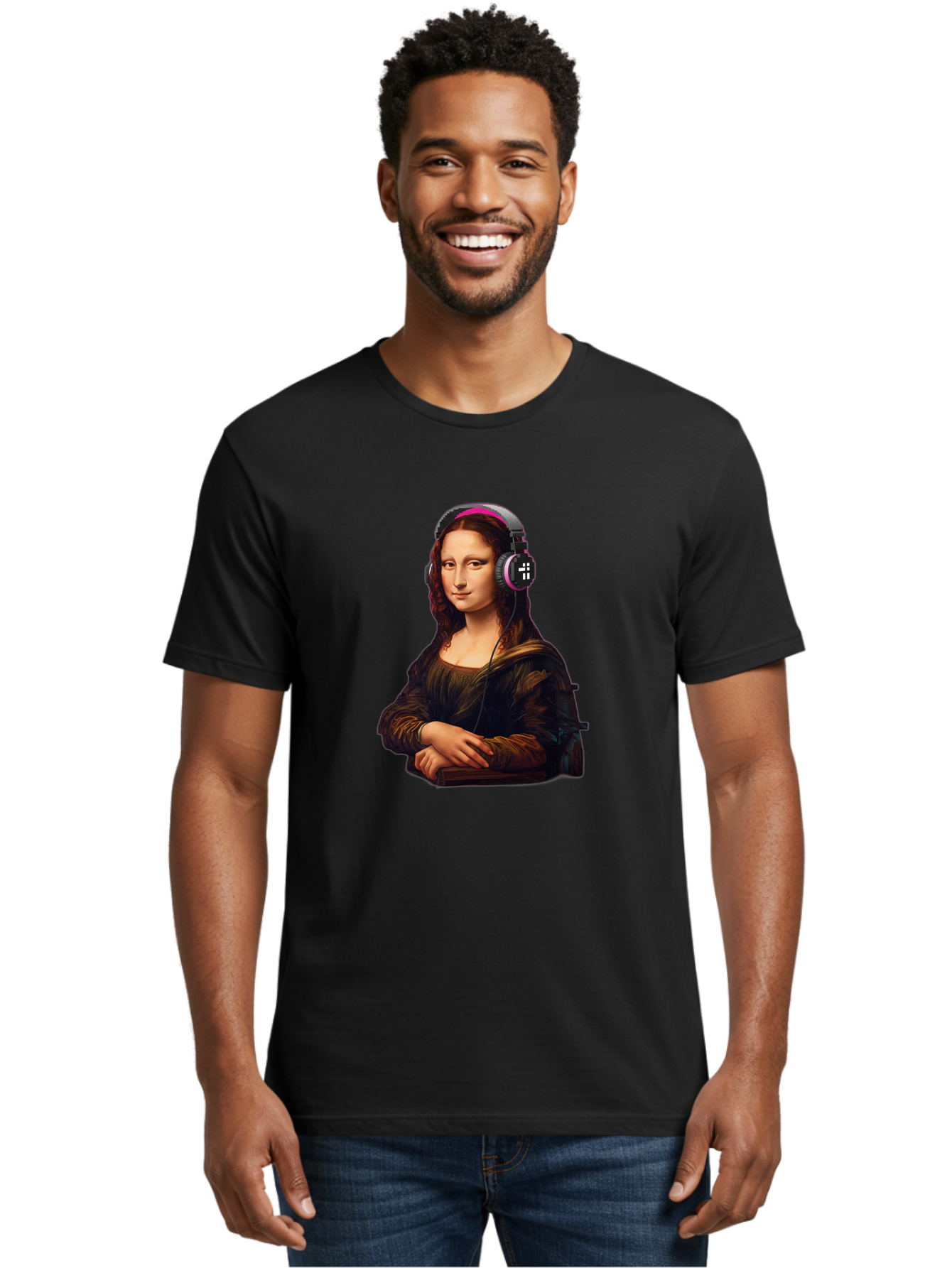 Mona-Lisa-With-Headphones-2 Men'S Graphic Tee, 100% Cotton, Comfortable Casual Summer Wear, Machine Washable, Vintage Camera, Old Camera, Antique Camera, Black Camera, Classic Photography, Photography Equipment, Nostalgic Device, Film Camera, Bam908