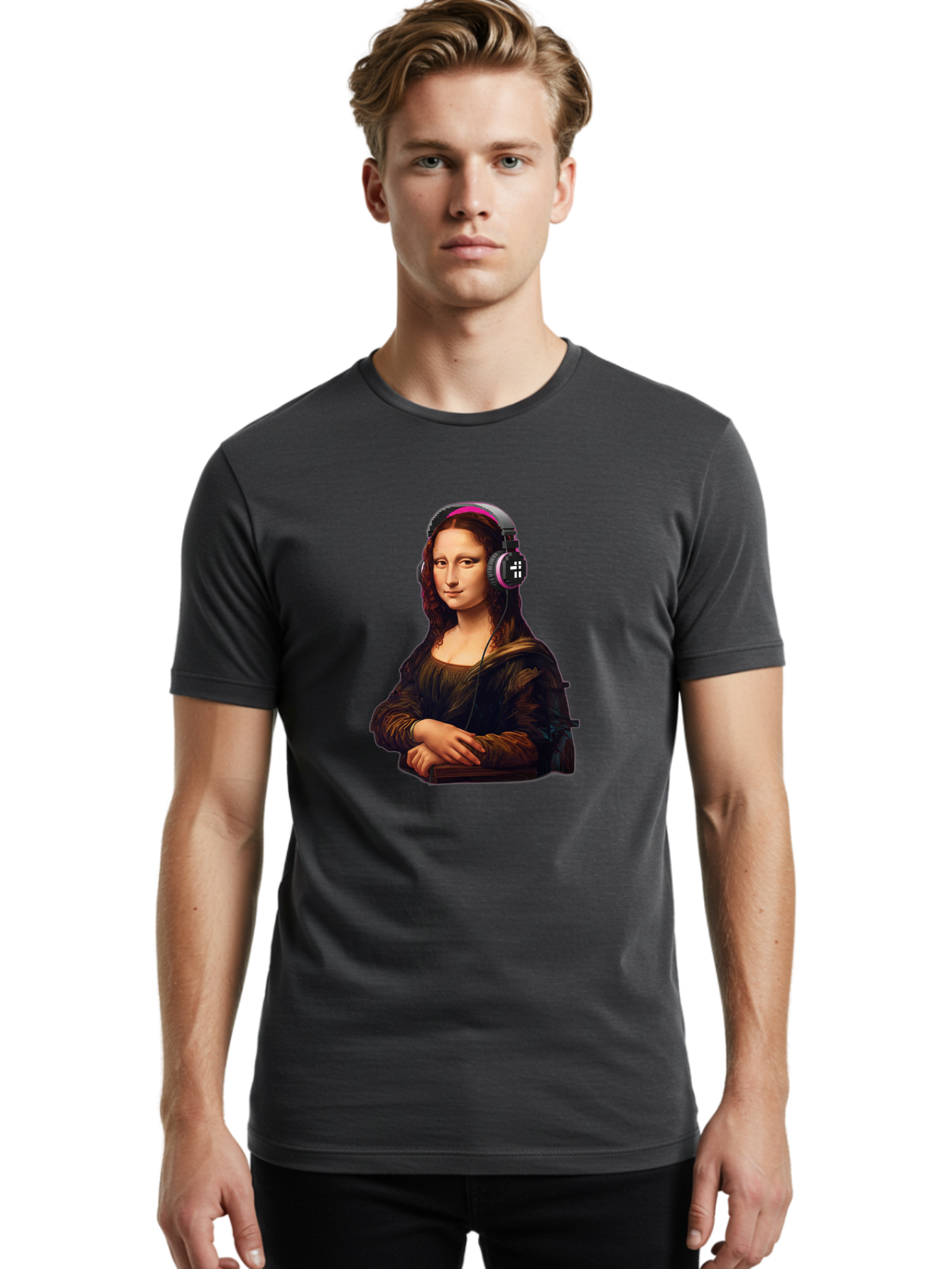 Mona-Lisa-With-Headphones-2 Men'S Graphic Tee, 100% Cotton, Comfortable Casual Summer Wear, Machine Washable, Vintage Camera, Old Camera, Antique Camera, Black Camera, Classic Photography, Photography Equipment, Nostalgic Device, Film Camera, Bam908