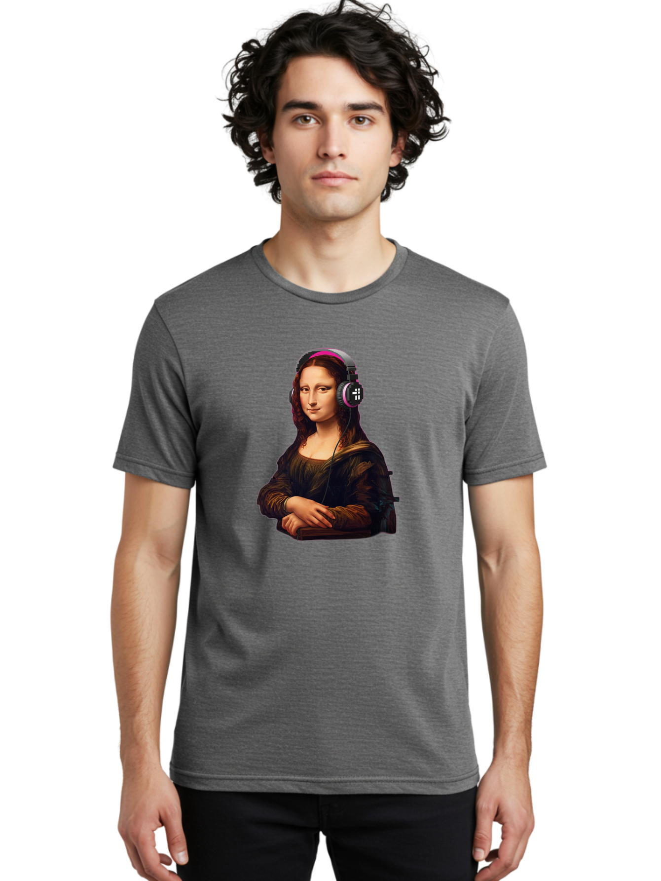 Mona-Lisa-With-Headphones-2 Men'S Graphic Tee, 100% Cotton, Comfortable Casual Summer Wear, Machine Washable, Vintage Camera, Old Camera, Antique Camera, Black Camera, Classic Photography, Photography Equipment, Nostalgic Device, Film Camera, Bam908