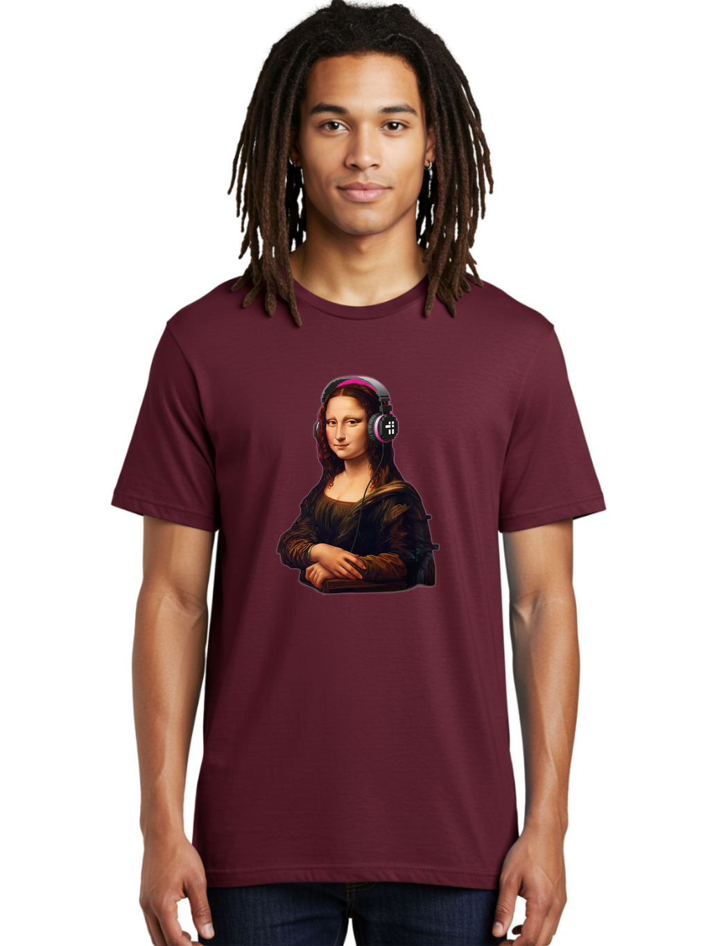 Mona-Lisa-With-Headphones-2 Men'S Graphic Tee, 100% Cotton, Comfortable Casual Summer Wear, Machine Washable, Vintage Camera, Old Camera, Antique Camera, Black Camera, Classic Photography, Photography Equipment, Nostalgic Device, Film Camera, Bam908