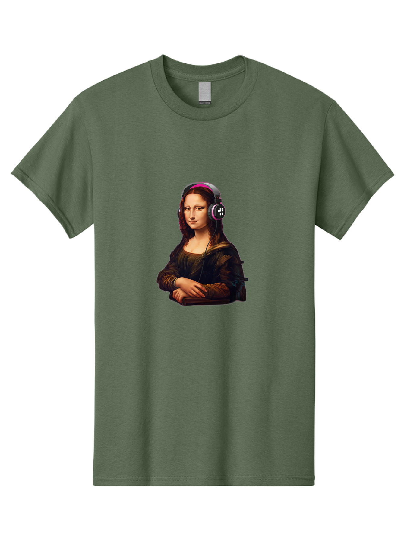Mona-Lisa-With-Headphones-2 Men'S Graphic Tee, 100% Cotton, Comfortable Casual Summer Wear, Machine Washable, Vintage Camera, Old Camera, Antique Camera, Black Camera, Classic Photography, Photography Equipment, Nostalgic Device, Film Camera, Bam908