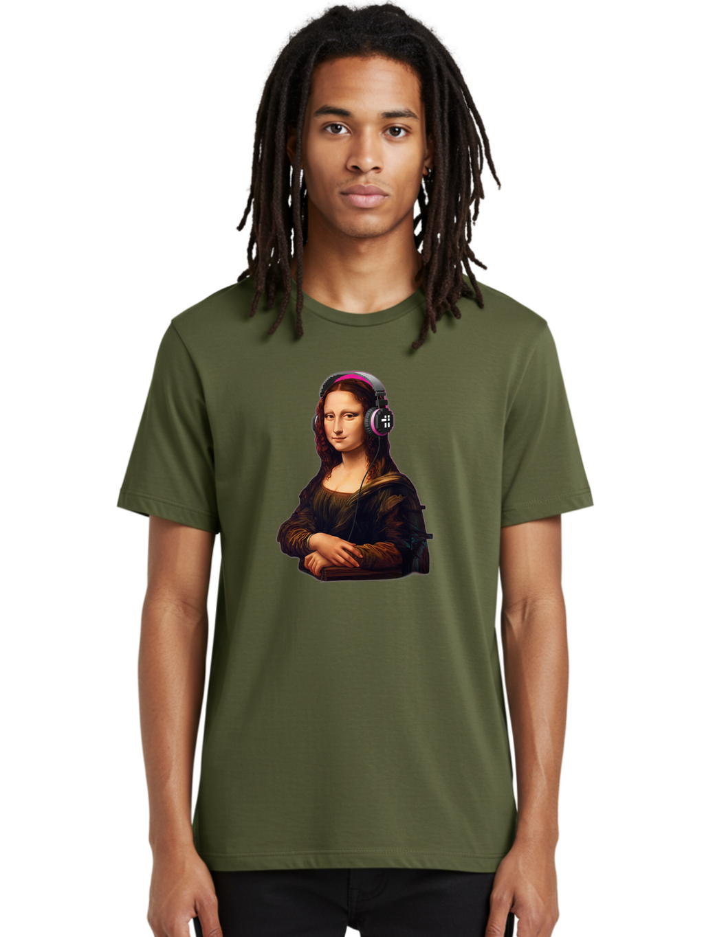 Mona-Lisa-With-Headphones-2 Men'S Graphic Tee, 100% Cotton, Comfortable Casual Summer Wear, Machine Washable, Vintage Camera, Old Camera, Antique Camera, Black Camera, Classic Photography, Photography Equipment, Nostalgic Device, Film Camera, Bam908