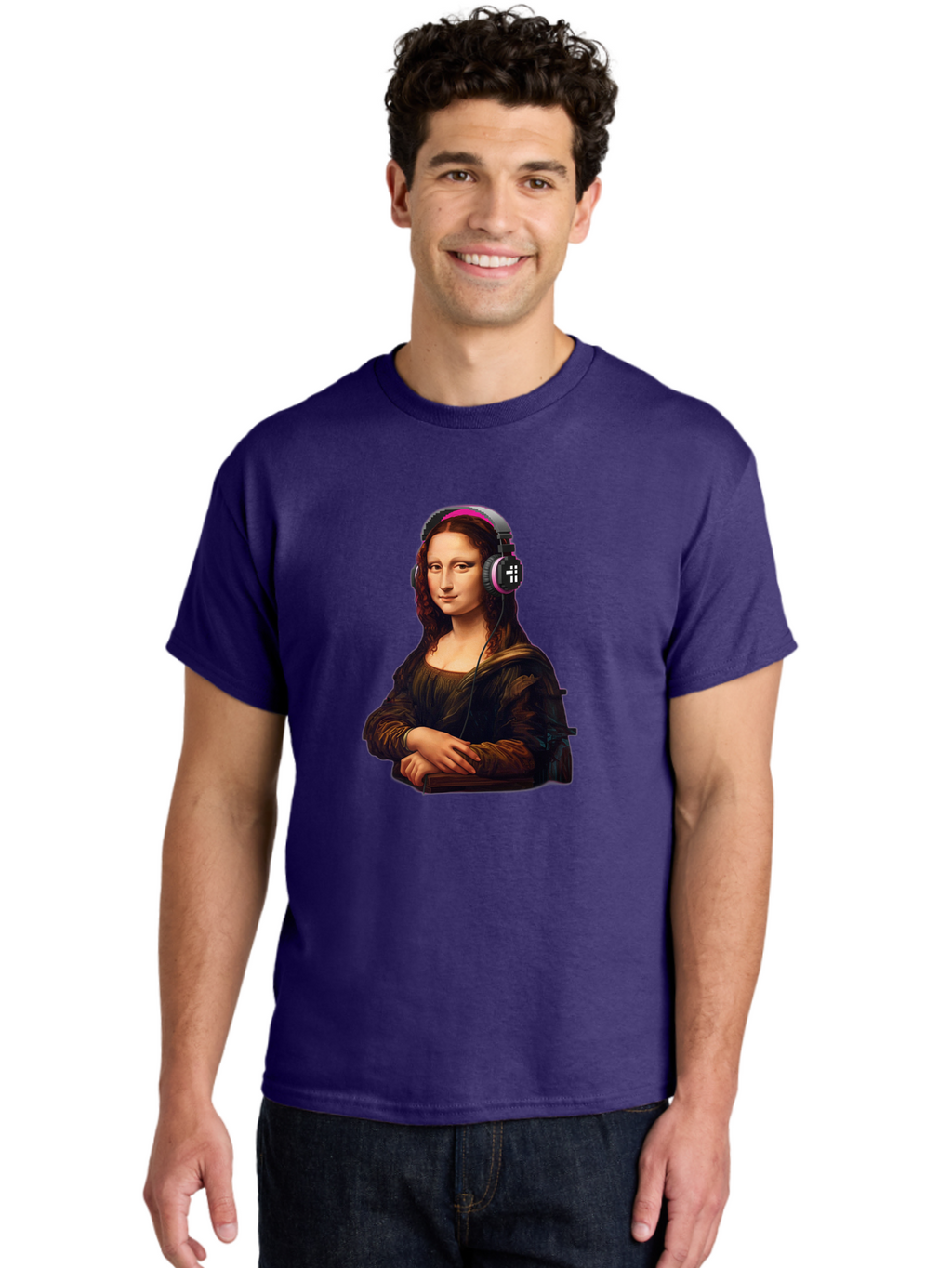 Mona-Lisa-With-Headphones-2 Men'S Graphic Tee, 100% Cotton, Comfortable Casual Summer Wear, Machine Washable, Vintage Camera, Old Camera, Antique Camera, Black Camera, Classic Photography, Photography Equipment, Nostalgic Device, Film Camera, Bam908