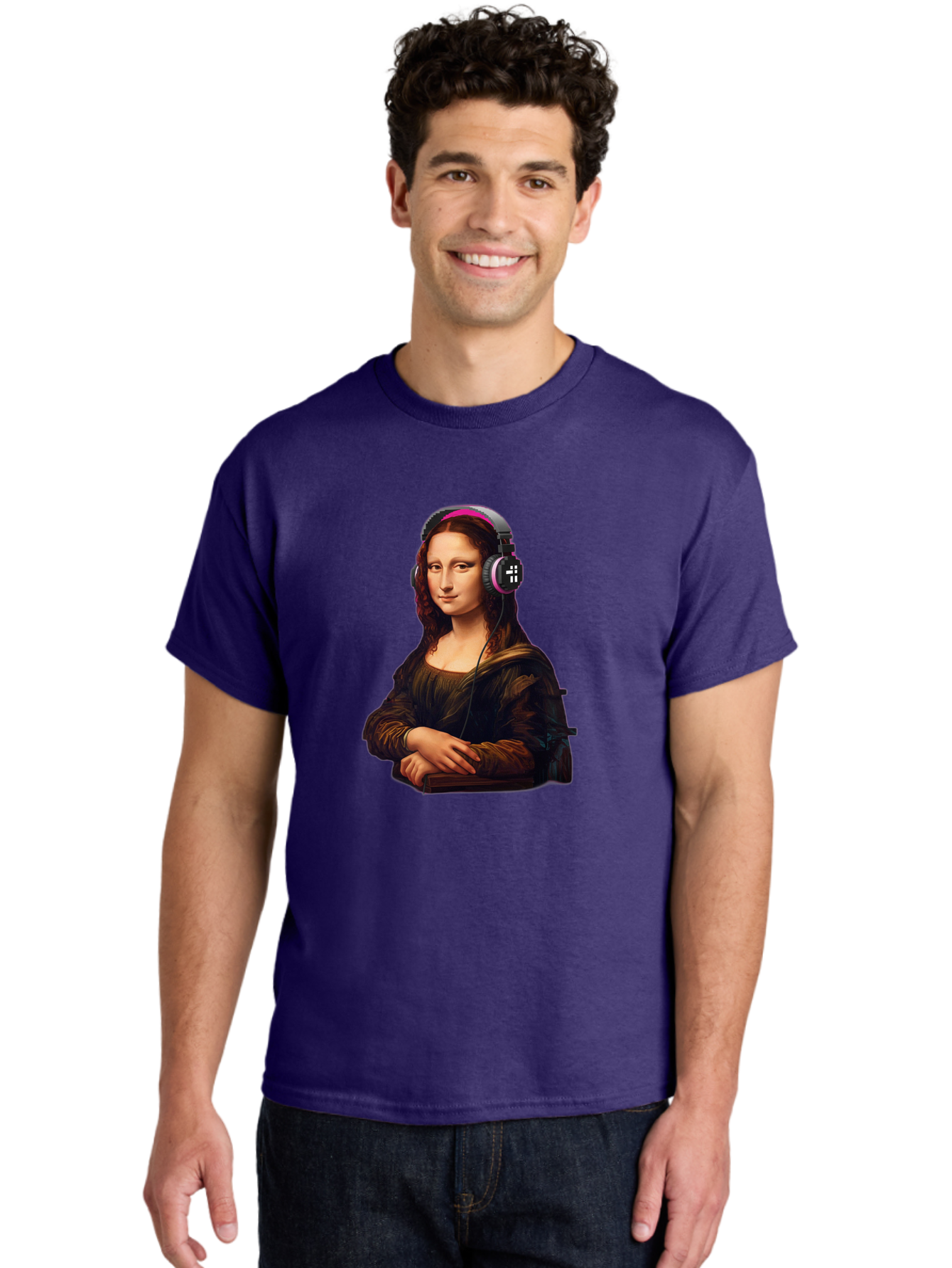 Mona-Lisa-With-Headphones-2 Men'S Graphic Tee, 100% Cotton, Comfortable Casual Summer Wear, Machine Washable, Vintage Camera, Old Camera, Antique Camera, Black Camera, Classic Photography, Photography Equipment, Nostalgic Device, Film Camera, Bam908
