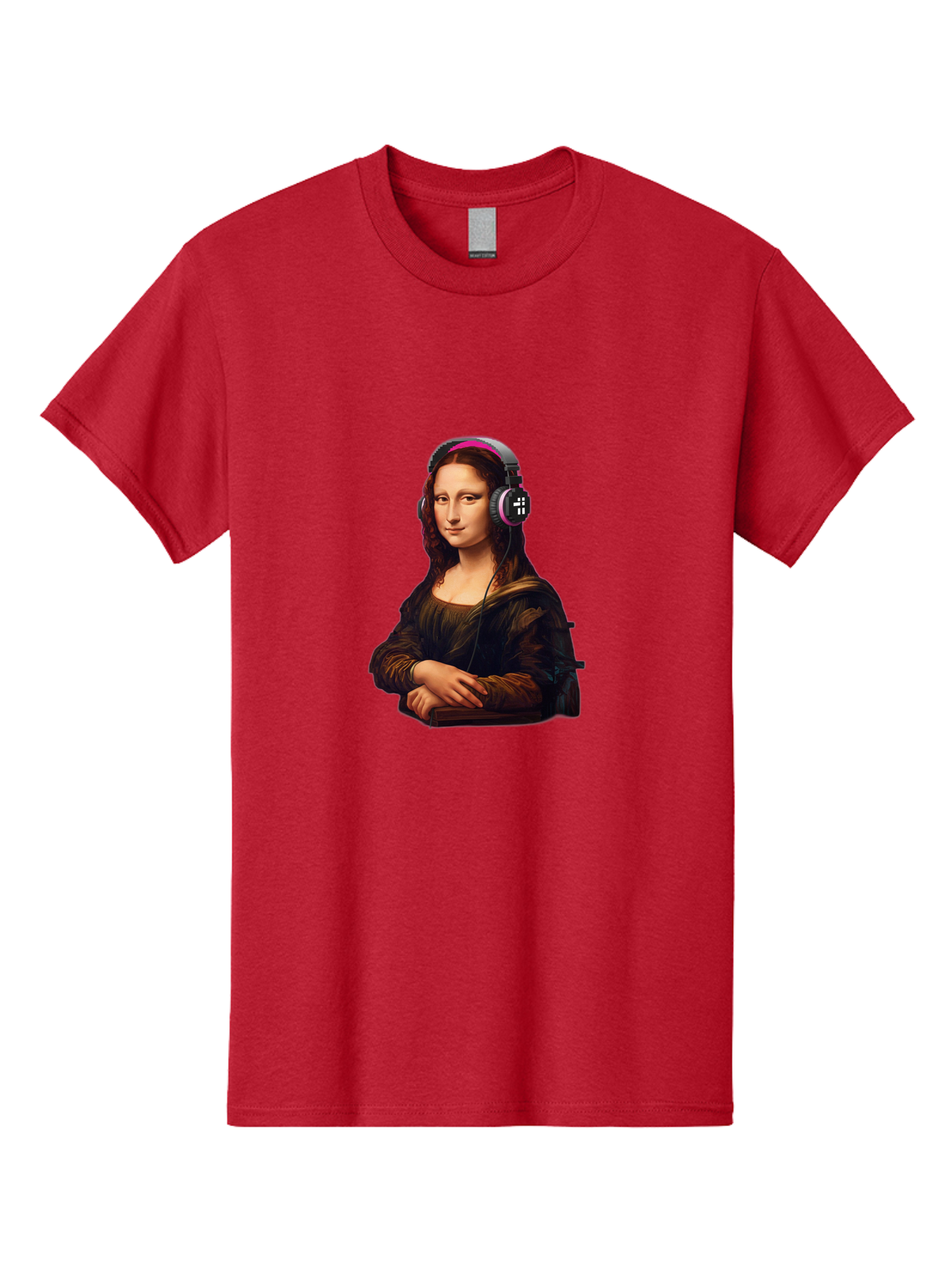 Mona-Lisa-With-Headphones-2 Men'S Graphic Tee, 100% Cotton, Comfortable Casual Summer Wear, Machine Washable, Vintage Camera, Old Camera, Antique Camera, Black Camera, Classic Photography, Photography Equipment, Nostalgic Device, Film Camera, Bam908
