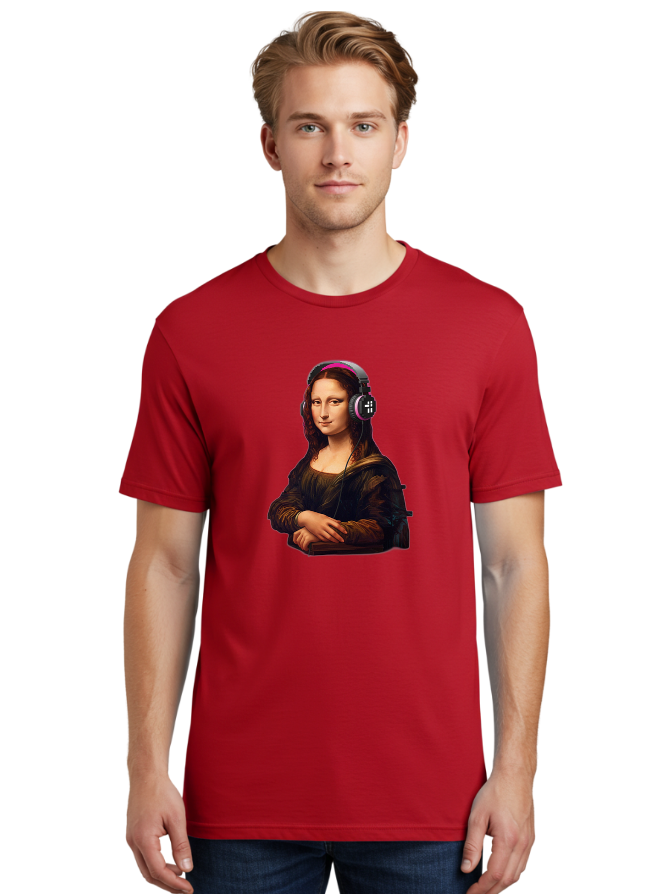 Mona-Lisa-With-Headphones-2 Men'S Graphic Tee, 100% Cotton, Comfortable Casual Summer Wear, Machine Washable, Vintage Camera, Old Camera, Antique Camera, Black Camera, Classic Photography, Photography Equipment, Nostalgic Device, Film Camera, Bam908