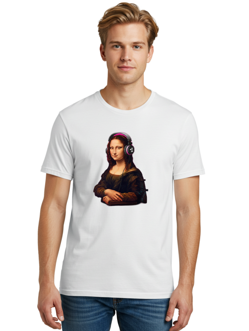 Mona-Lisa-With-Headphones-2 Men'S Graphic Tee, 100% Cotton, Comfortable Casual Summer Wear, Machine Washable, Vintage Camera, Old Camera, Antique Camera, Black Camera, Classic Photography, Photography Equipment, Nostalgic Device, Film Camera, Bam908