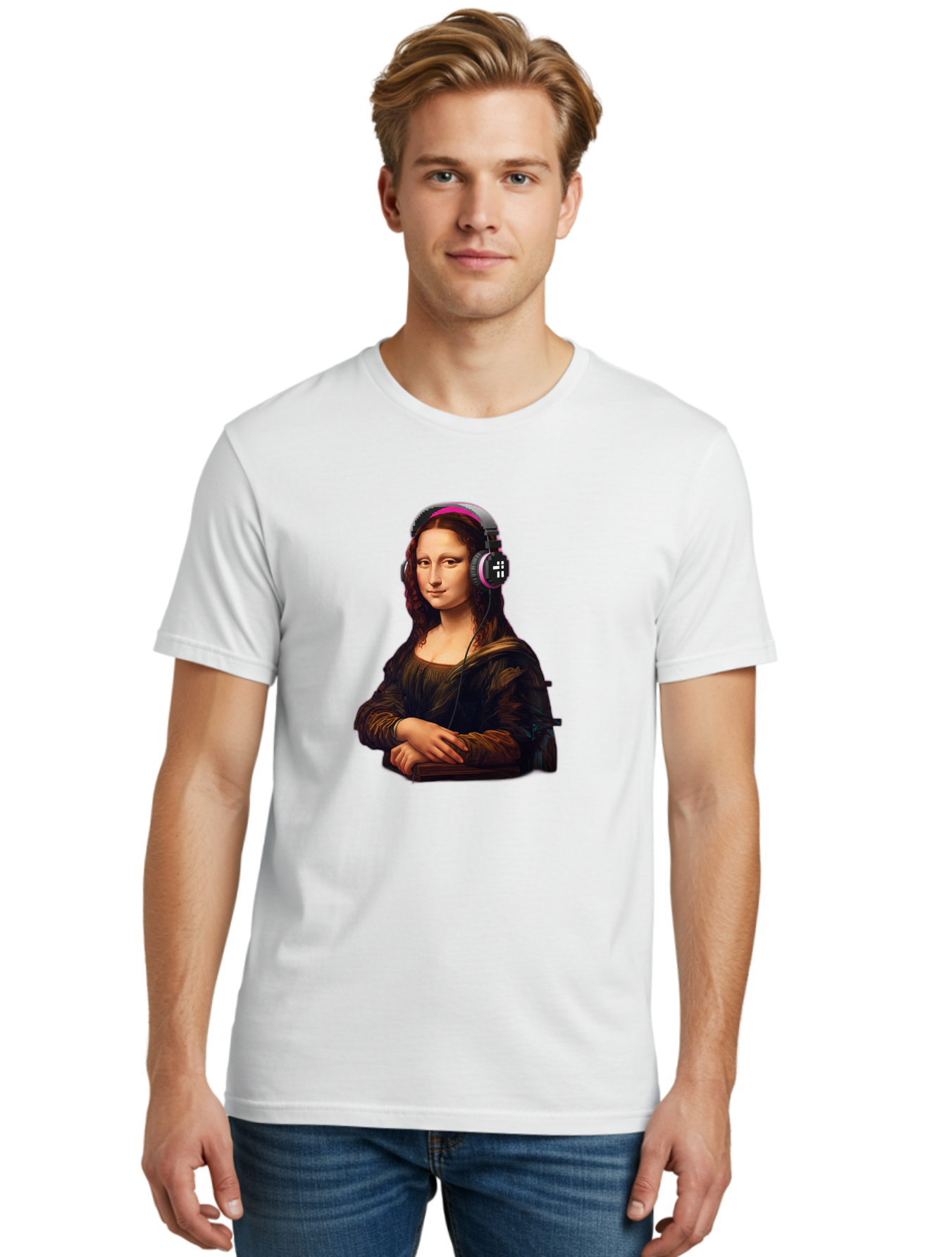 Mona-Lisa-With-Headphones-2 Men'S Graphic Tee, 100% Cotton, Comfortable Casual Summer Wear, Machine Washable, Vintage Camera, Old Camera, Antique Camera, Black Camera, Classic Photography, Photography Equipment, Nostalgic Device, Film Camera, Bam908