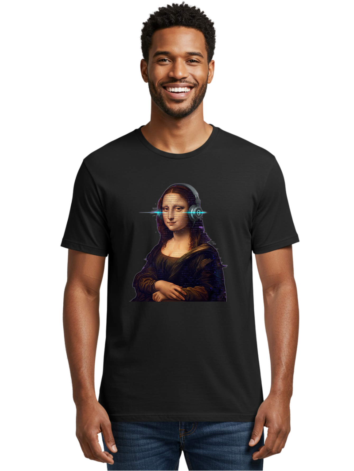 Mona-Lisa-With-Headphones-3 Men'S Graphic Tee, 100% Cotton, Comfortable Casual Summer Wear, Machine Washable, Vintage Camera, Old Camera, Antique Camera, Black Camera, Classic Photography, Photography Equipment, Nostalgic Device, Film Camera, Bam909