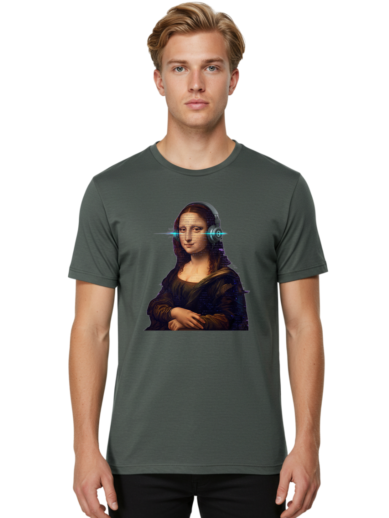 Mona-Lisa-With-Headphones-3 Men'S Graphic Tee, 100% Cotton, Comfortable Casual Summer Wear, Machine Washable, Vintage Camera, Old Camera, Antique Camera, Black Camera, Classic Photography, Photography Equipment, Nostalgic Device, Film Camera, Bam909