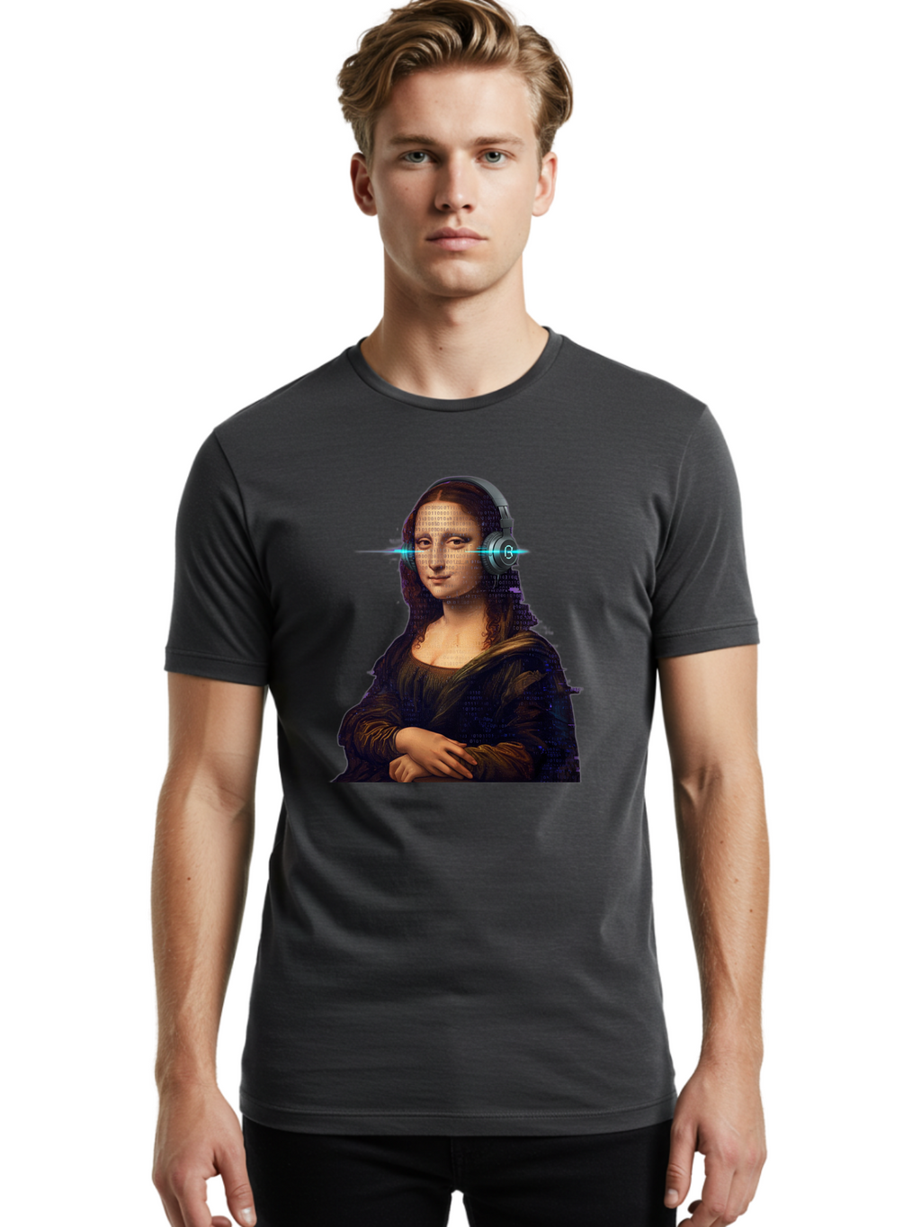 Mona-Lisa-With-Headphones-3 Men'S Graphic Tee, 100% Cotton, Comfortable Casual Summer Wear, Machine Washable, Vintage Camera, Old Camera, Antique Camera, Black Camera, Classic Photography, Photography Equipment, Nostalgic Device, Film Camera, Bam909