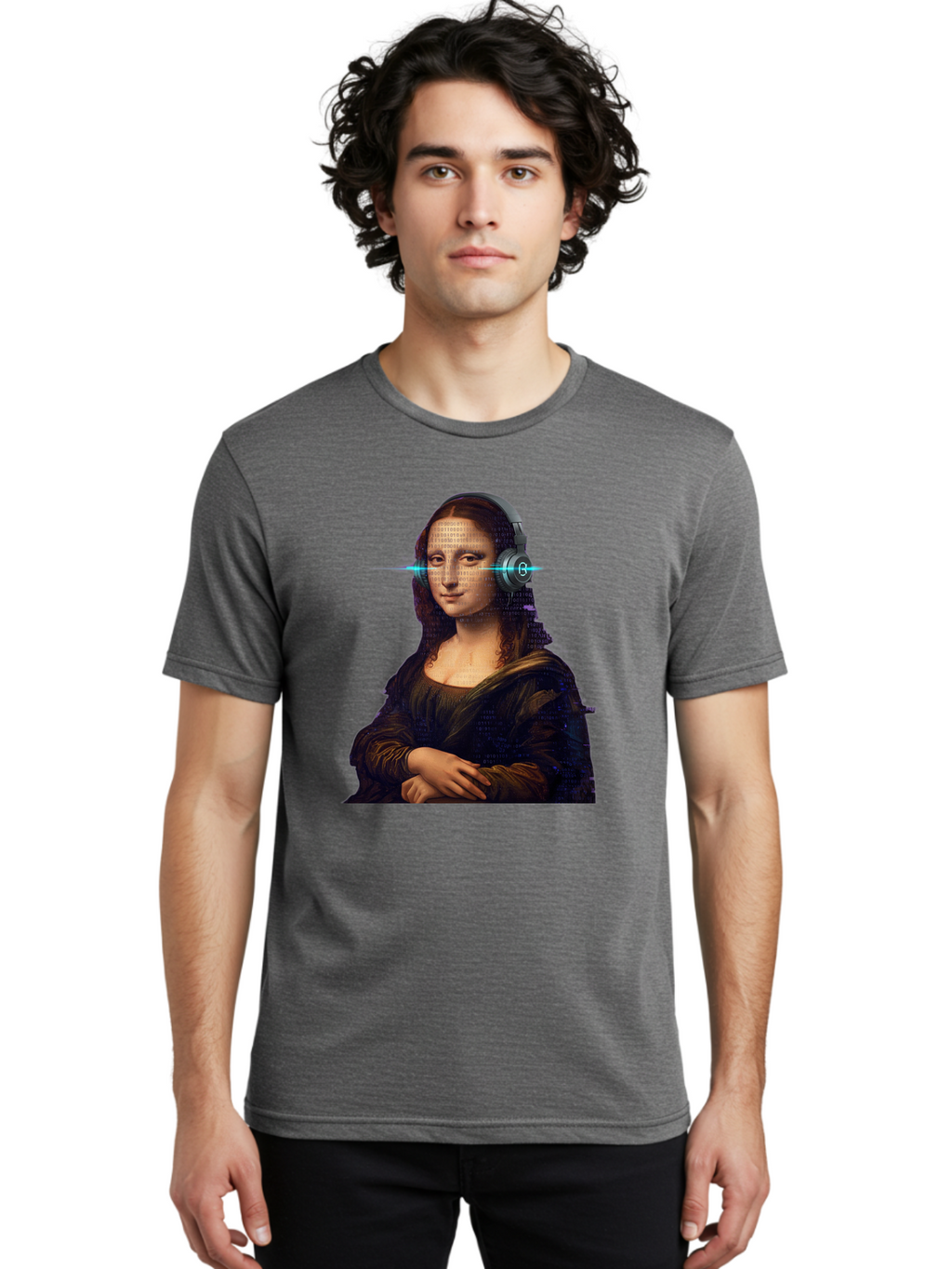 Mona-Lisa-With-Headphones-3 Men'S Graphic Tee, 100% Cotton, Comfortable Casual Summer Wear, Machine Washable, Vintage Camera, Old Camera, Antique Camera, Black Camera, Classic Photography, Photography Equipment, Nostalgic Device, Film Camera, Bam909
