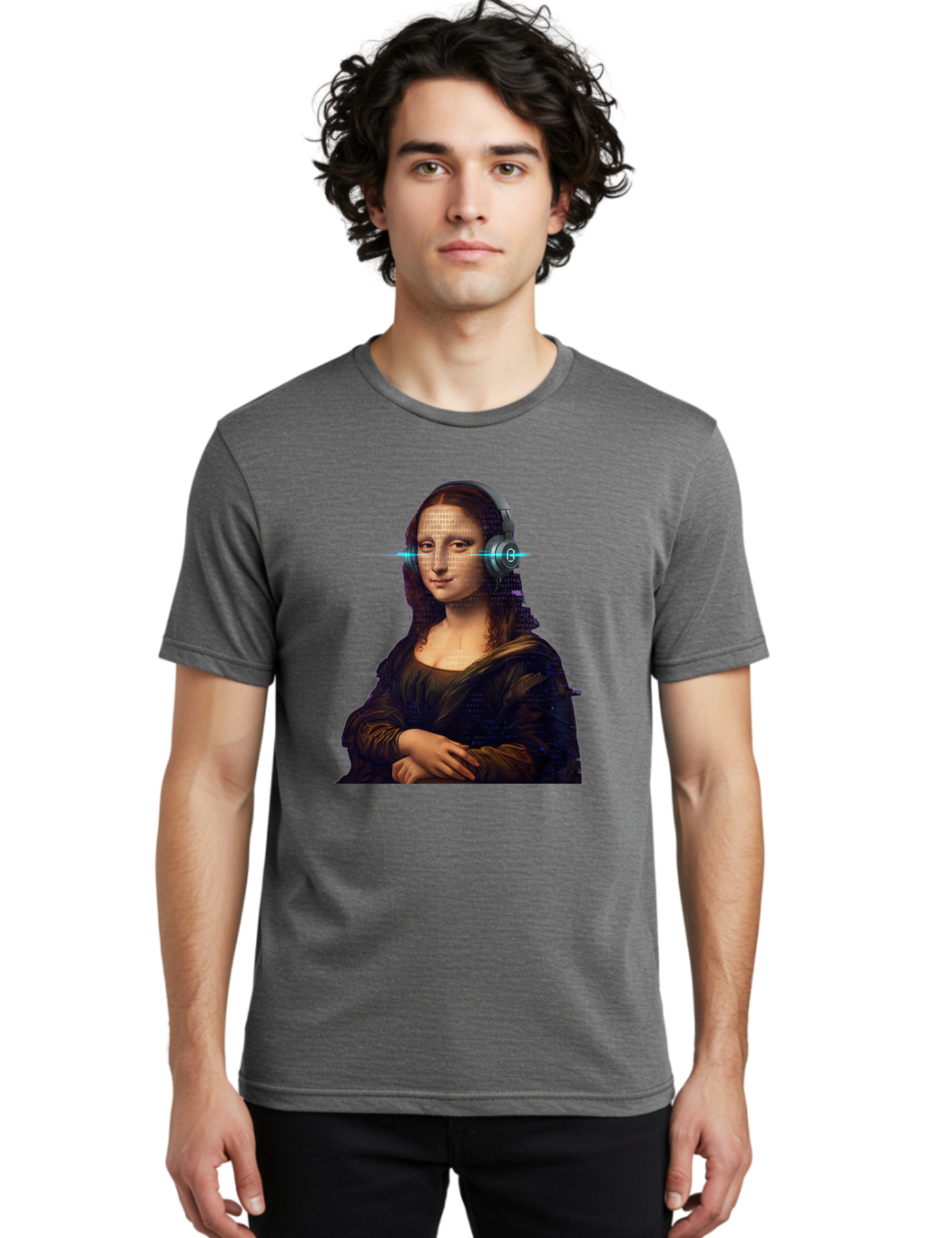 Mona-Lisa-With-Headphones-3 Men'S Graphic Tee, 100% Cotton, Comfortable Casual Summer Wear, Machine Washable, Vintage Camera, Old Camera, Antique Camera, Black Camera, Classic Photography, Photography Equipment, Nostalgic Device, Film Camera, Bam909