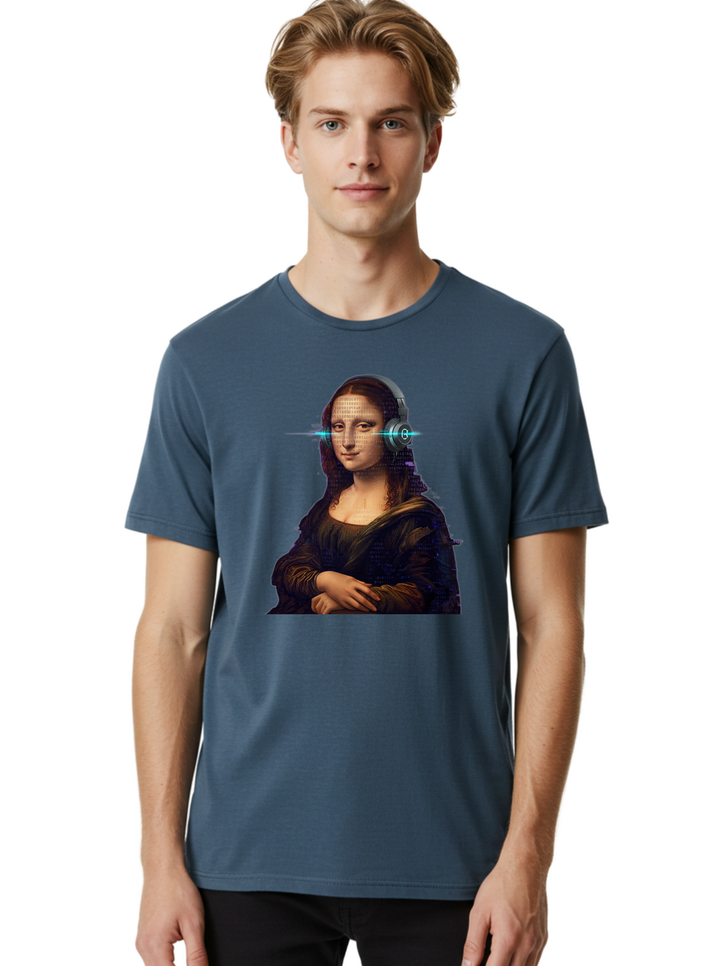 Mona-Lisa-With-Headphones-3 Men'S Graphic Tee, 100% Cotton, Comfortable Casual Summer Wear, Machine Washable, Vintage Camera, Old Camera, Antique Camera, Black Camera, Classic Photography, Photography Equipment, Nostalgic Device, Film Camera, Bam909