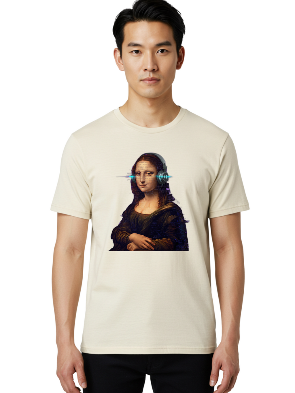 Mona-Lisa-With-Headphones-3 Men'S Graphic Tee, 100% Cotton, Comfortable Casual Summer Wear, Machine Washable, Vintage Camera, Old Camera, Antique Camera, Black Camera, Classic Photography, Photography Equipment, Nostalgic Device, Film Camera, Bam909