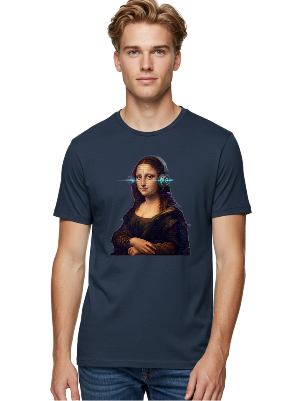 Mona-Lisa-With-Headphones-3 Men'S Graphic Tee, 100% Cotton, Comfortable Casual Summer Wear, Machine Washable, Vintage Camera, Old Camera, Antique Camera, Black Camera, Classic Photography, Photography Equipment, Nostalgic Device, Film Camera, Bam909