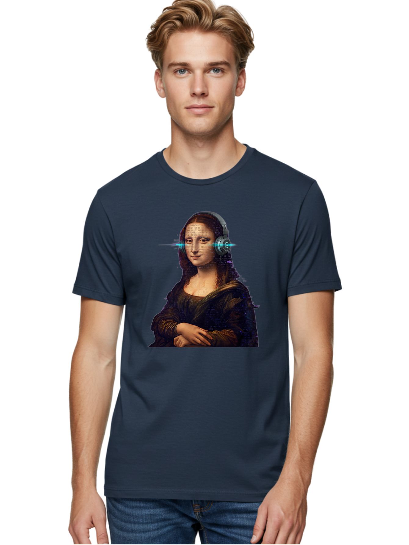 Mona-Lisa-With-Headphones-3 Men'S Graphic Tee, 100% Cotton, Comfortable Casual Summer Wear, Machine Washable, Vintage Camera, Old Camera, Antique Camera, Black Camera, Classic Photography, Photography Equipment, Nostalgic Device, Film Camera, Bam909