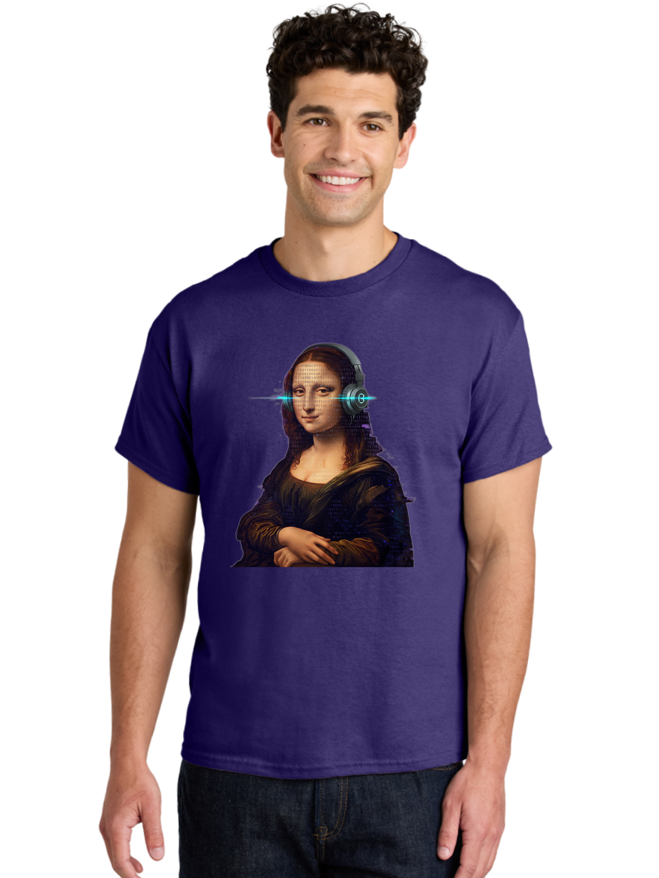 Mona-Lisa-With-Headphones-3 Men'S Graphic Tee, 100% Cotton, Comfortable Casual Summer Wear, Machine Washable, Vintage Camera, Old Camera, Antique Camera, Black Camera, Classic Photography, Photography Equipment, Nostalgic Device, Film Camera, Bam909