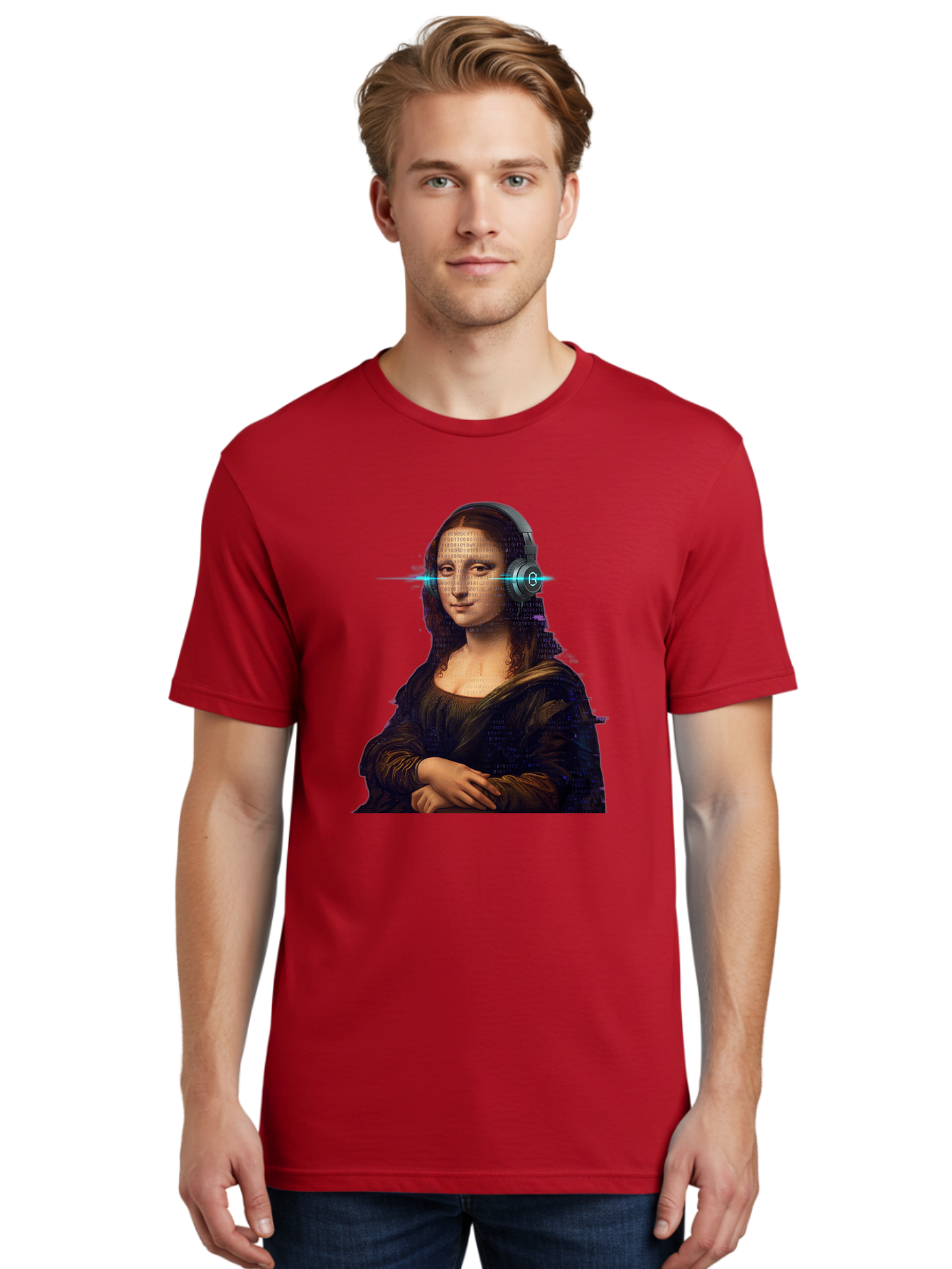 Mona-Lisa-With-Headphones-3 Men'S Graphic Tee, 100% Cotton, Comfortable Casual Summer Wear, Machine Washable, Vintage Camera, Old Camera, Antique Camera, Black Camera, Classic Photography, Photography Equipment, Nostalgic Device, Film Camera, Bam909