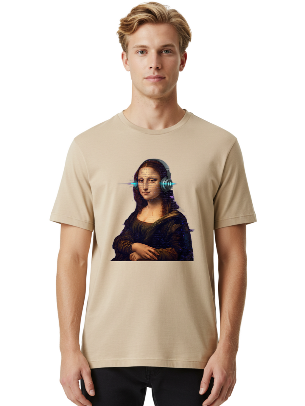 Mona-Lisa-With-Headphones-3 Men'S Graphic Tee, 100% Cotton, Comfortable Casual Summer Wear, Machine Washable, Vintage Camera, Old Camera, Antique Camera, Black Camera, Classic Photography, Photography Equipment, Nostalgic Device, Film Camera, Bam909