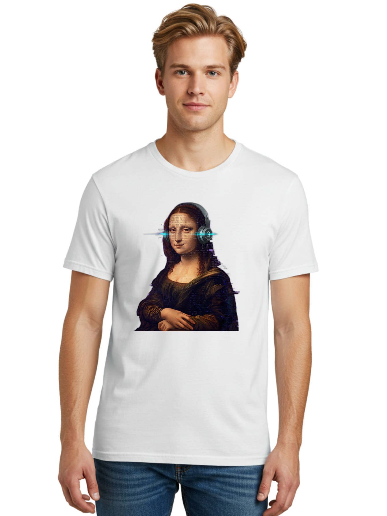 Mona-Lisa-With-Headphones-3 Men'S Graphic Tee, 100% Cotton, Comfortable Casual Summer Wear, Machine Washable, Vintage Camera, Old Camera, Antique Camera, Black Camera, Classic Photography, Photography Equipment, Nostalgic Device, Film Camera, Bam909