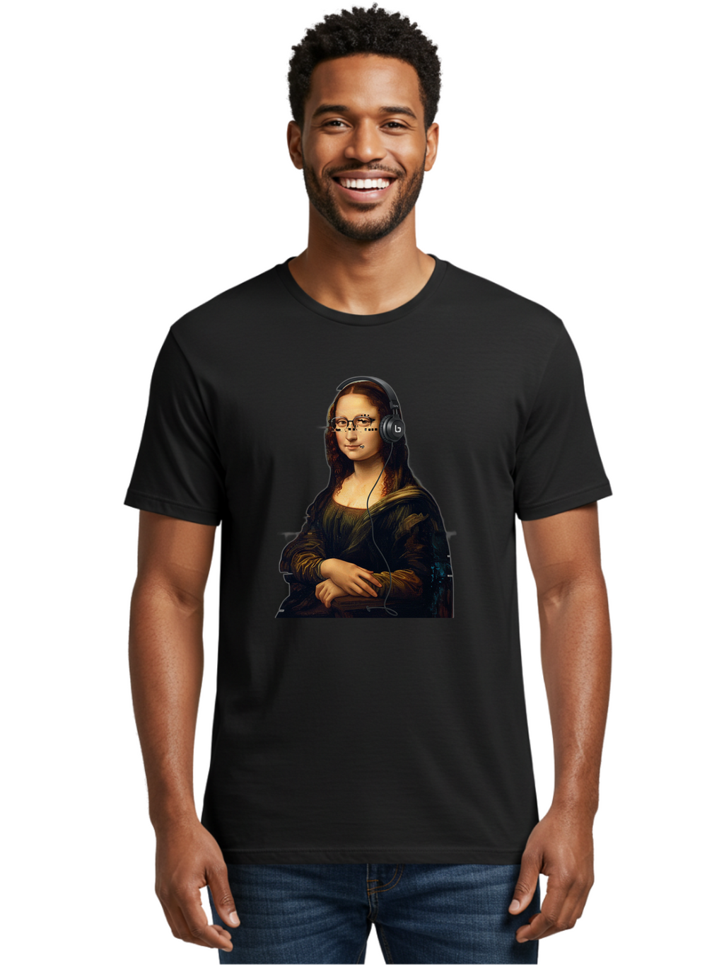 Mona-Lisa-With-Headphones-4 Men'S Graphic Tee, 100% Cotton, Comfortable Casual Summer Wear, Machine Washable, Vintage Camera, Old Camera, Antique Camera, Black Camera, Classic Photography, Photography Equipment, Nostalgic Device, Film Camera, Bam910
