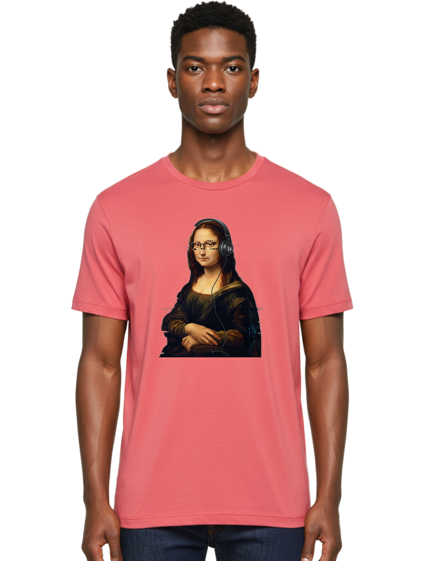Mona-Lisa-With-Headphones-4 Men'S Graphic Tee, 100% Cotton, Comfortable Casual Summer Wear, Machine Washable, Vintage Camera, Old Camera, Antique Camera, Black Camera, Classic Photography, Photography Equipment, Nostalgic Device, Film Camera, Bam910