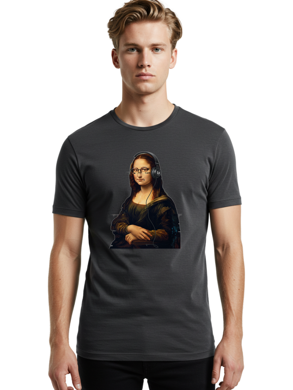 Mona-Lisa-With-Headphones-4 Men'S Graphic Tee, 100% Cotton, Comfortable Casual Summer Wear, Machine Washable, Vintage Camera, Old Camera, Antique Camera, Black Camera, Classic Photography, Photography Equipment, Nostalgic Device, Film Camera, Bam910