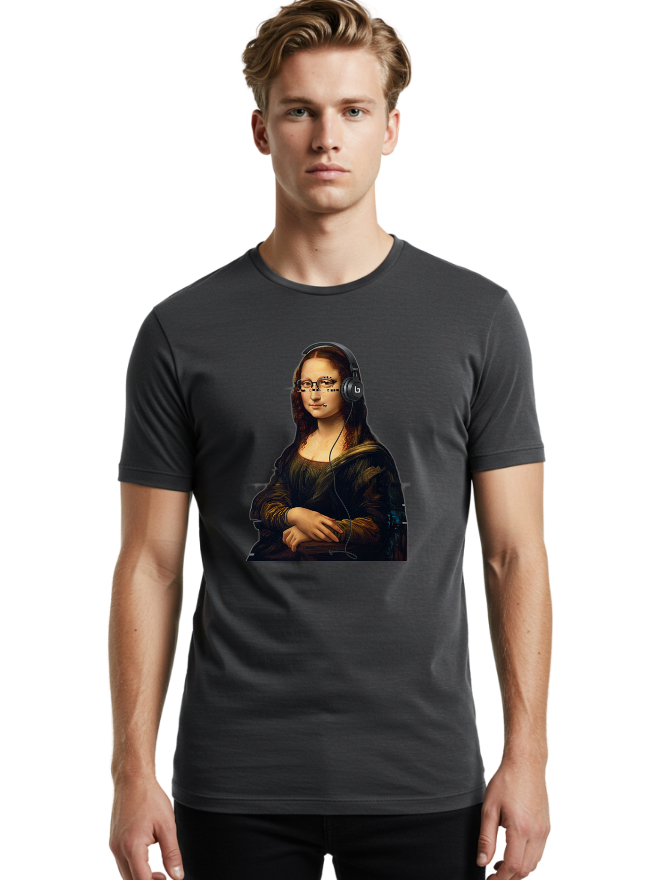 Mona-Lisa-With-Headphones-4 Men'S Graphic Tee, 100% Cotton, Comfortable Casual Summer Wear, Machine Washable, Vintage Camera, Old Camera, Antique Camera, Black Camera, Classic Photography, Photography Equipment, Nostalgic Device, Film Camera, Bam910