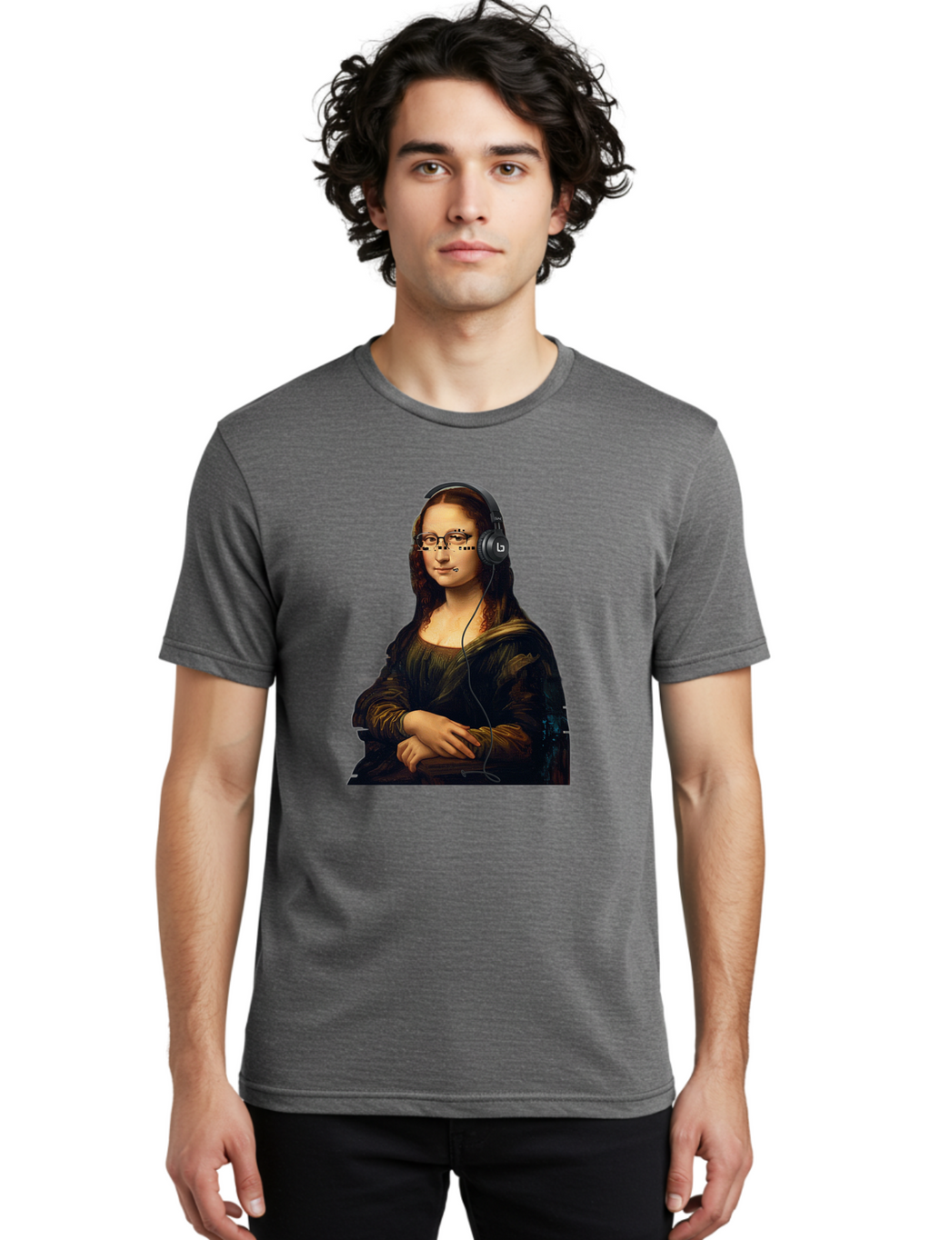 Mona-Lisa-With-Headphones-4 Men'S Graphic Tee, 100% Cotton, Comfortable Casual Summer Wear, Machine Washable, Vintage Camera, Old Camera, Antique Camera, Black Camera, Classic Photography, Photography Equipment, Nostalgic Device, Film Camera, Bam910