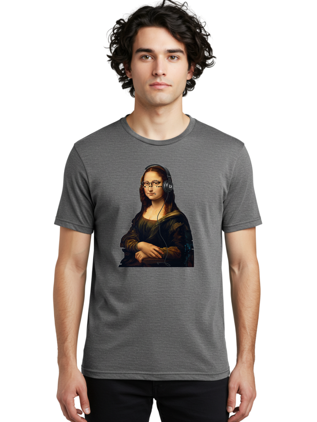 Mona-Lisa-With-Headphones-4 Men'S Graphic Tee, 100% Cotton, Comfortable Casual Summer Wear, Machine Washable, Vintage Camera, Old Camera, Antique Camera, Black Camera, Classic Photography, Photography Equipment, Nostalgic Device, Film Camera, Bam910