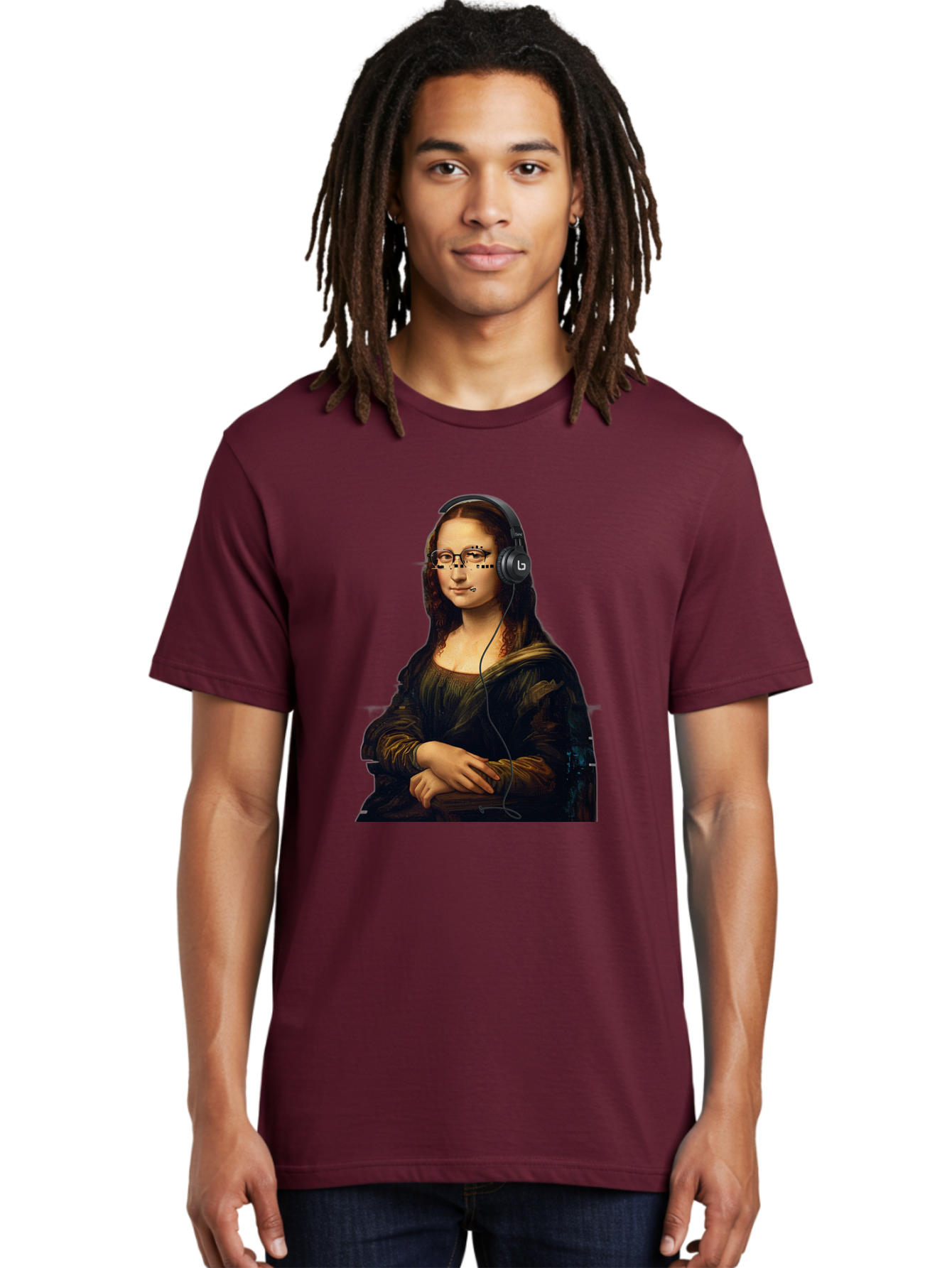 Mona-Lisa-With-Headphones-4 Men'S Graphic Tee, 100% Cotton, Comfortable Casual Summer Wear, Machine Washable, Vintage Camera, Old Camera, Antique Camera, Black Camera, Classic Photography, Photography Equipment, Nostalgic Device, Film Camera, Bam910