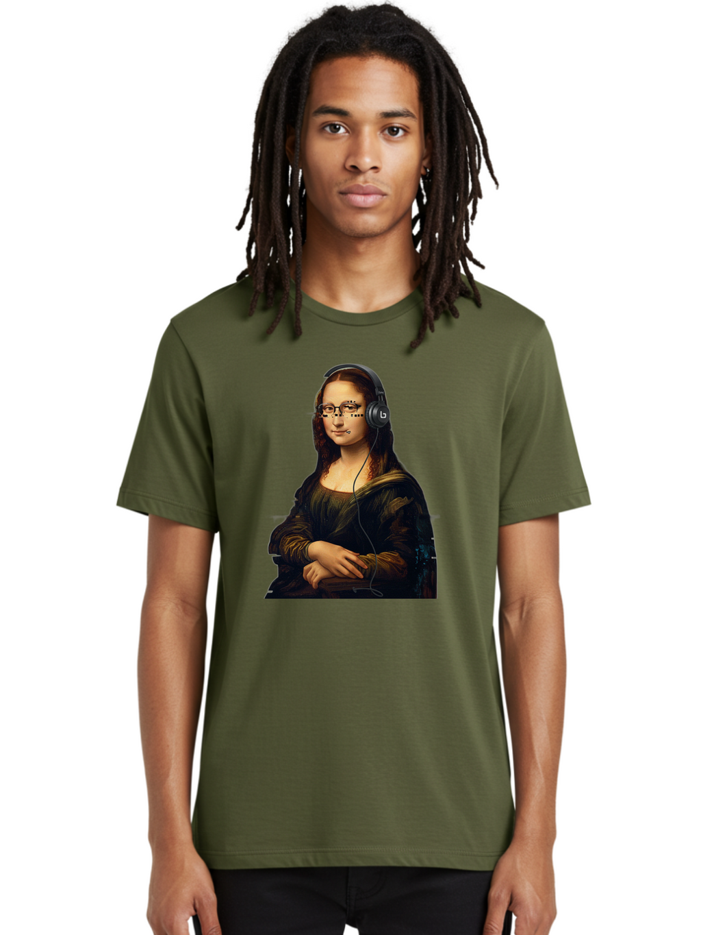 Mona-Lisa-With-Headphones-4 Men'S Graphic Tee, 100% Cotton, Comfortable Casual Summer Wear, Machine Washable, Vintage Camera, Old Camera, Antique Camera, Black Camera, Classic Photography, Photography Equipment, Nostalgic Device, Film Camera, Bam910