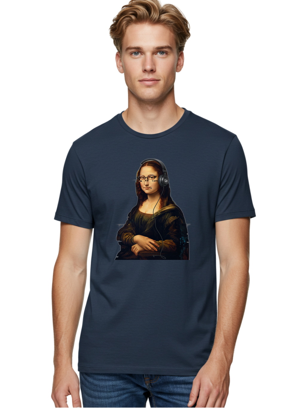 Mona-Lisa-With-Headphones-4 Men'S Graphic Tee, 100% Cotton, Comfortable Casual Summer Wear, Machine Washable, Vintage Camera, Old Camera, Antique Camera, Black Camera, Classic Photography, Photography Equipment, Nostalgic Device, Film Camera, Bam910