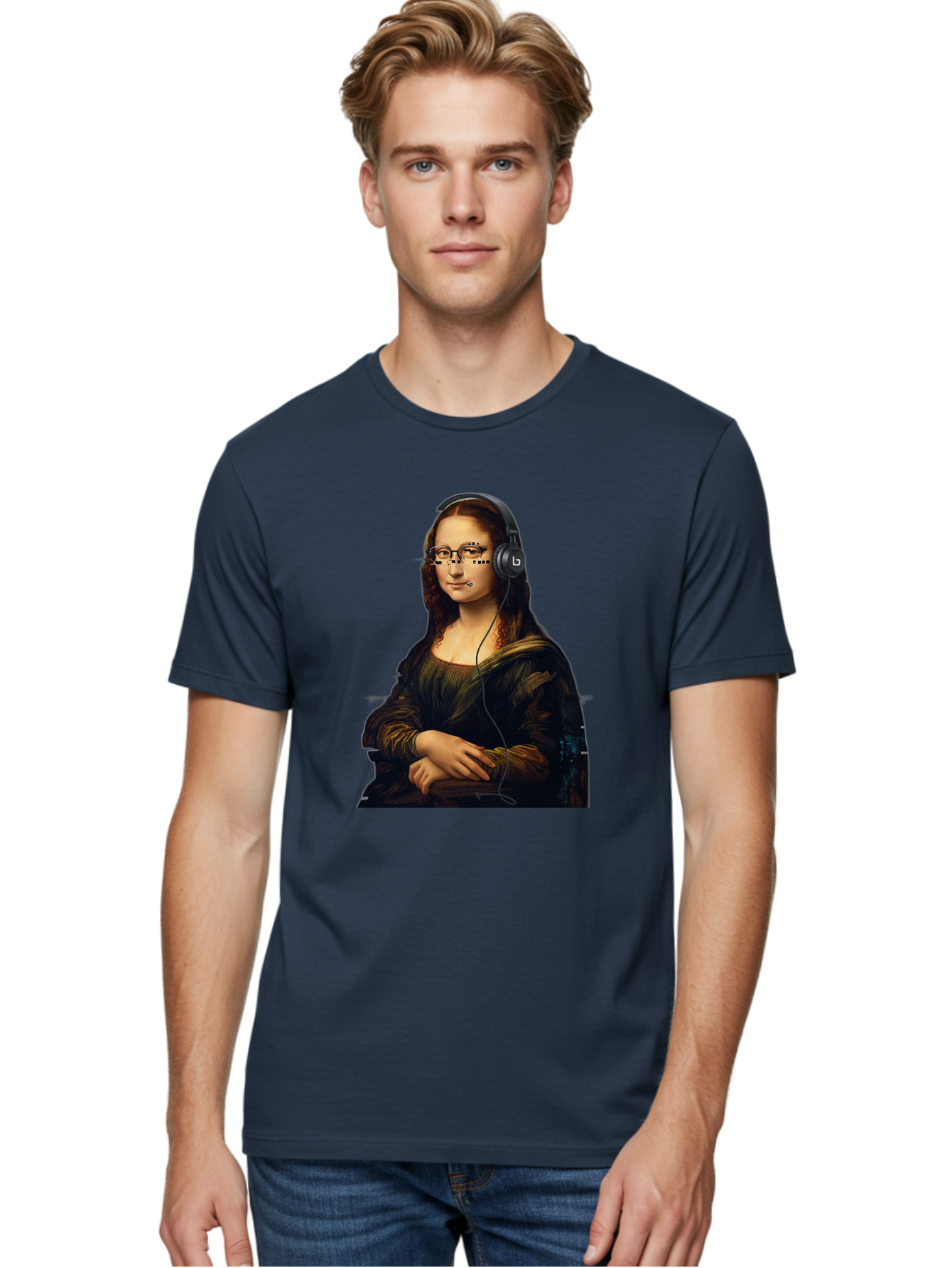 Mona-Lisa-With-Headphones-4 Men'S Graphic Tee, 100% Cotton, Comfortable Casual Summer Wear, Machine Washable, Vintage Camera, Old Camera, Antique Camera, Black Camera, Classic Photography, Photography Equipment, Nostalgic Device, Film Camera, Bam910