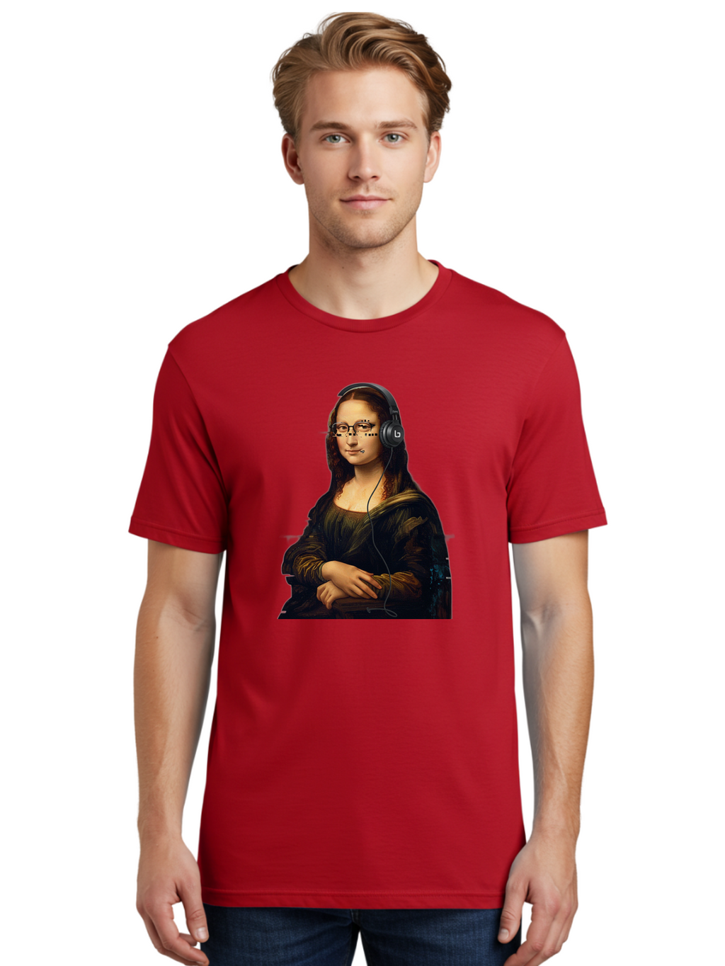 Mona-Lisa-With-Headphones-4 Men'S Graphic Tee, 100% Cotton, Comfortable Casual Summer Wear, Machine Washable, Vintage Camera, Old Camera, Antique Camera, Black Camera, Classic Photography, Photography Equipment, Nostalgic Device, Film Camera, Bam910