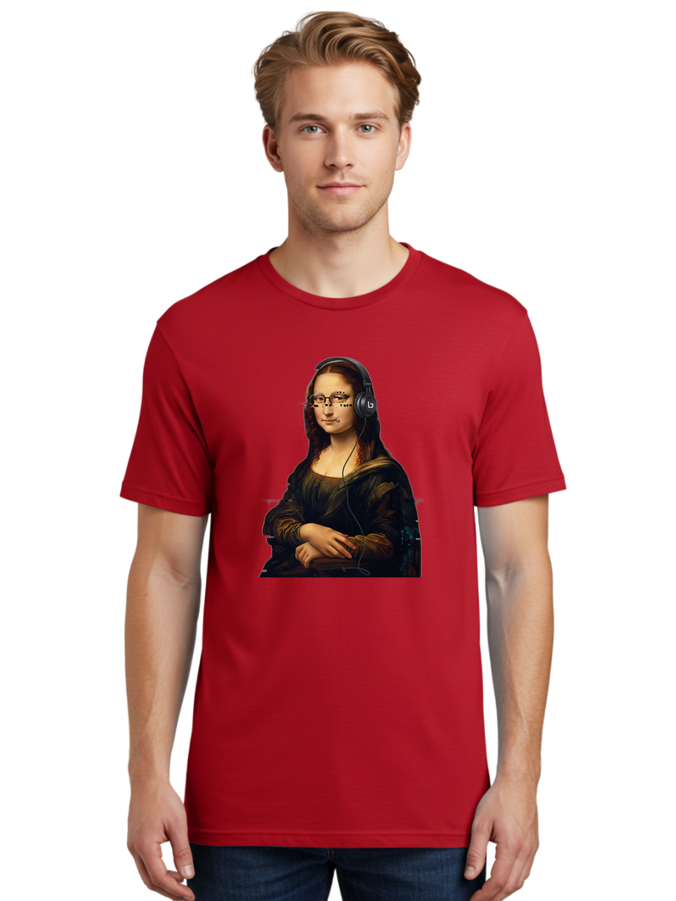 Mona-Lisa-With-Headphones-4 Men'S Graphic Tee, 100% Cotton, Comfortable Casual Summer Wear, Machine Washable, Vintage Camera, Old Camera, Antique Camera, Black Camera, Classic Photography, Photography Equipment, Nostalgic Device, Film Camera, Bam910