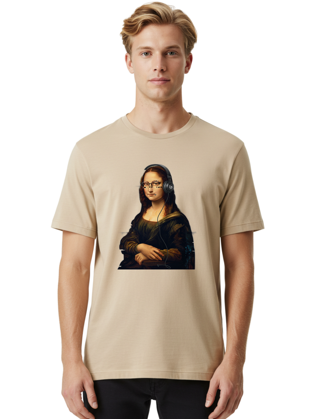 Mona-Lisa-With-Headphones-4 Men'S Graphic Tee, 100% Cotton, Comfortable Casual Summer Wear, Machine Washable, Vintage Camera, Old Camera, Antique Camera, Black Camera, Classic Photography, Photography Equipment, Nostalgic Device, Film Camera, Bam910