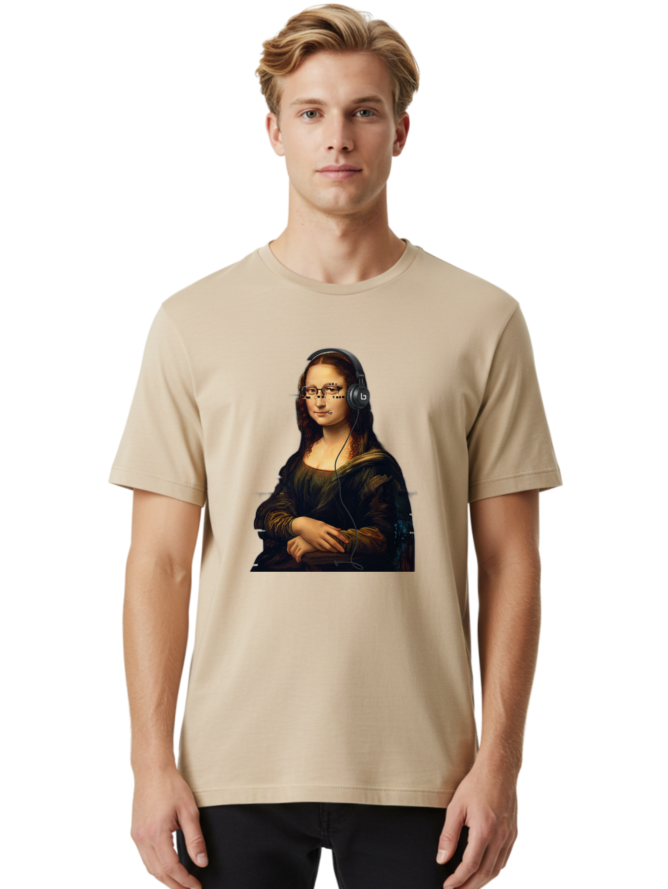 Mona-Lisa-With-Headphones-4 Men'S Graphic Tee, 100% Cotton, Comfortable Casual Summer Wear, Machine Washable, Vintage Camera, Old Camera, Antique Camera, Black Camera, Classic Photography, Photography Equipment, Nostalgic Device, Film Camera, Bam910