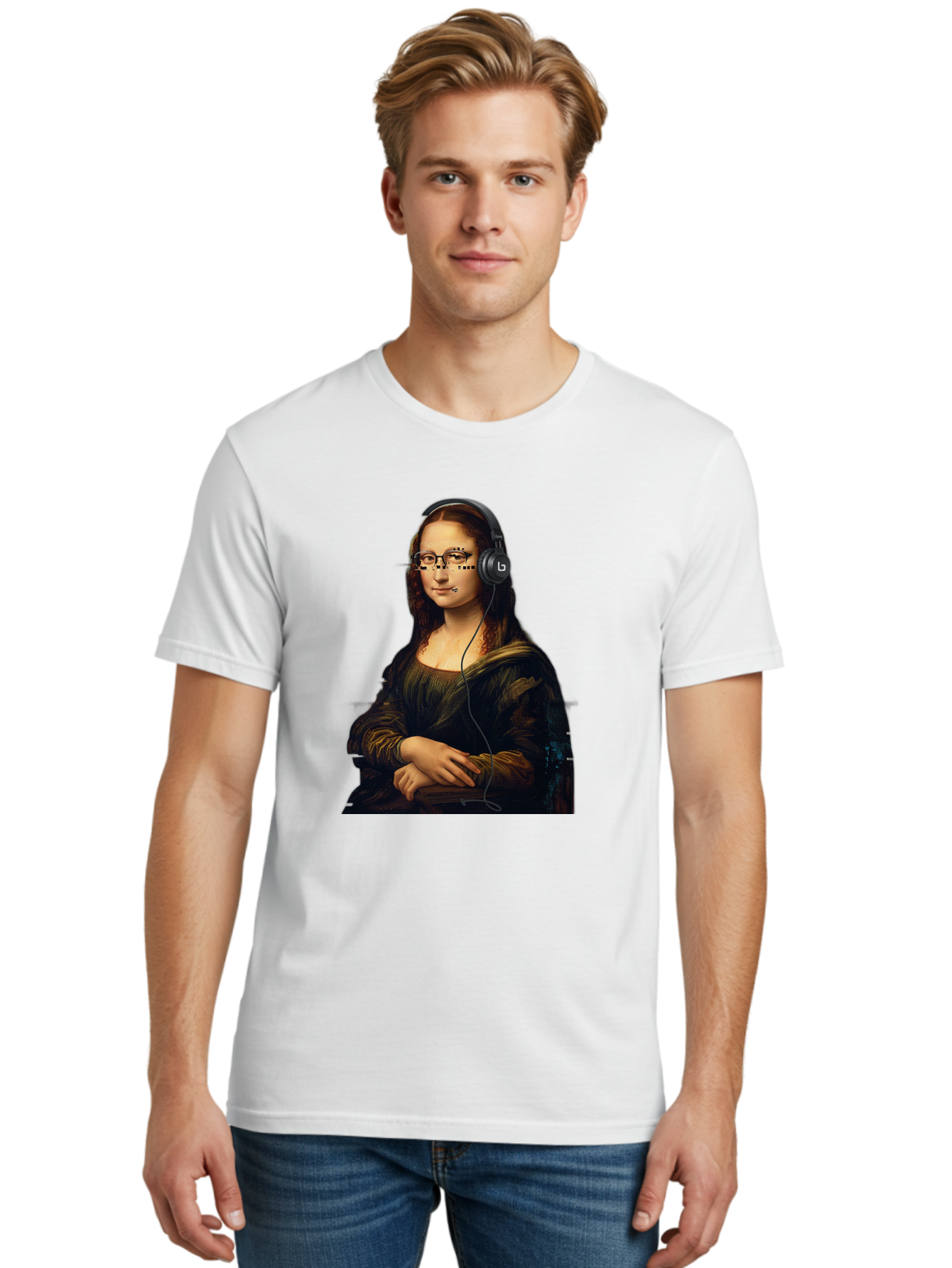 Mona-Lisa-With-Headphones-4 Men'S Graphic Tee, 100% Cotton, Comfortable Casual Summer Wear, Machine Washable, Vintage Camera, Old Camera, Antique Camera, Black Camera, Classic Photography, Photography Equipment, Nostalgic Device, Film Camera, Bam910