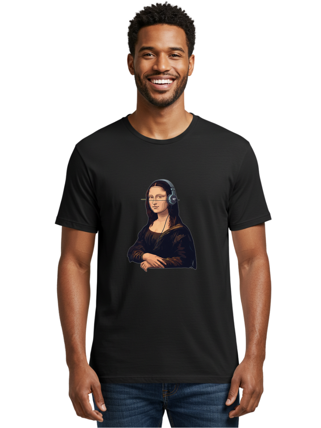 Mona-Lisa-With-Headphones-5 Men'S Graphic Tee, 100% Cotton, Comfortable Casual Summer Wear, Machine Washable, Vintage Camera, Old Camera, Antique Camera, Black Camera, Classic Photography, Photography Equipment, Nostalgic Device, Film Camera, Bam911