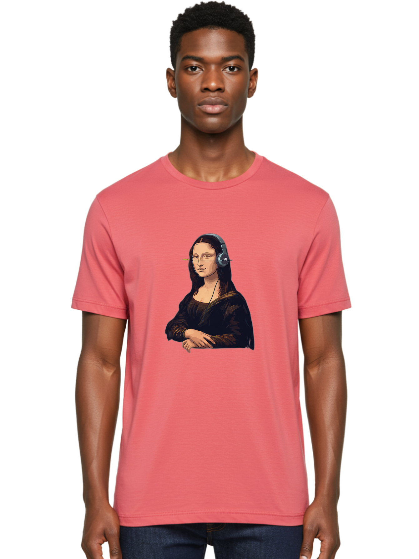 Mona-Lisa-With-Headphones-5 Men'S Graphic Tee, 100% Cotton, Comfortable Casual Summer Wear, Machine Washable, Vintage Camera, Old Camera, Antique Camera, Black Camera, Classic Photography, Photography Equipment, Nostalgic Device, Film Camera, Bam911