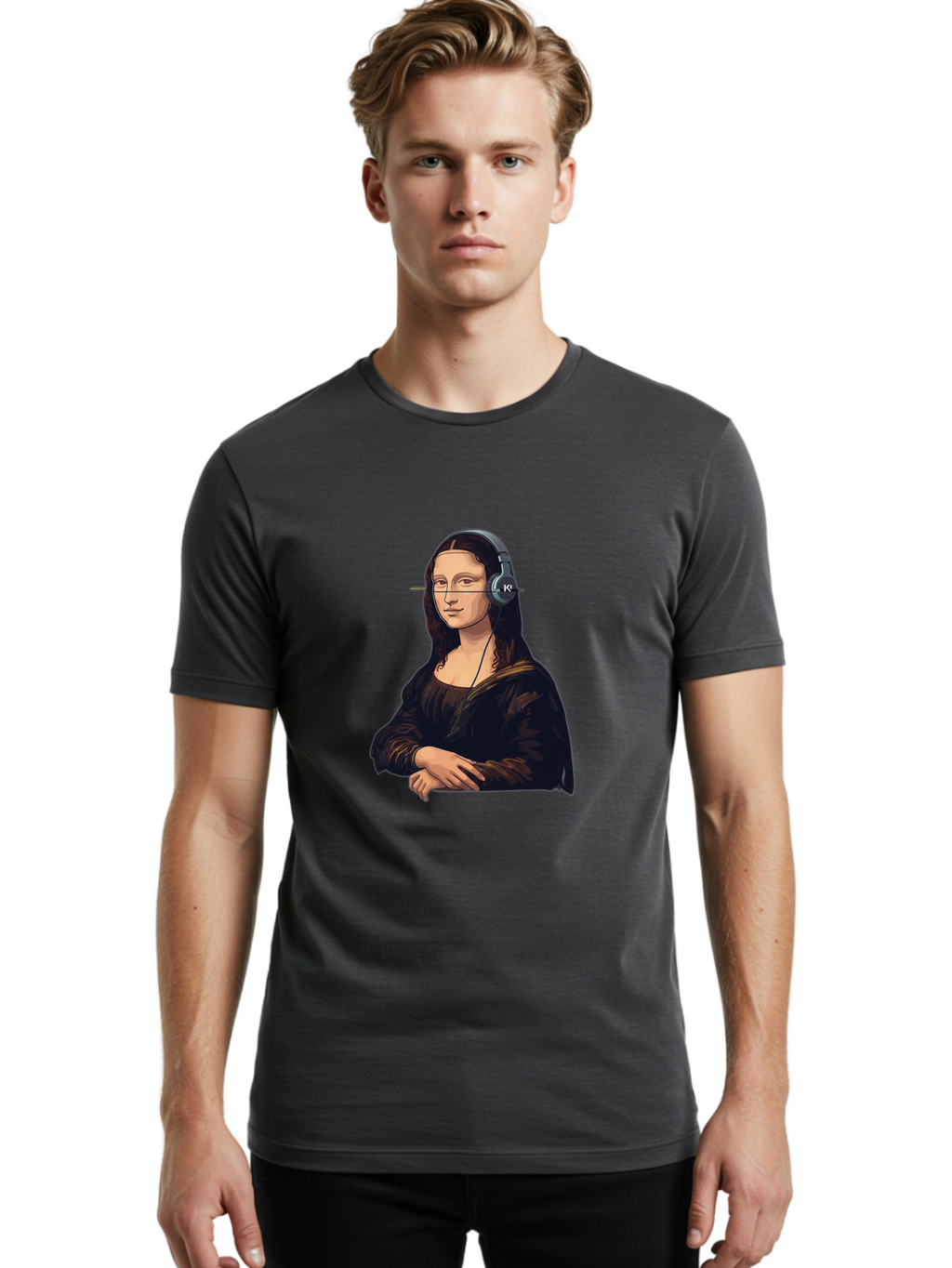 Mona-Lisa-With-Headphones-5 Men'S Graphic Tee, 100% Cotton, Comfortable Casual Summer Wear, Machine Washable, Vintage Camera, Old Camera, Antique Camera, Black Camera, Classic Photography, Photography Equipment, Nostalgic Device, Film Camera, Bam911