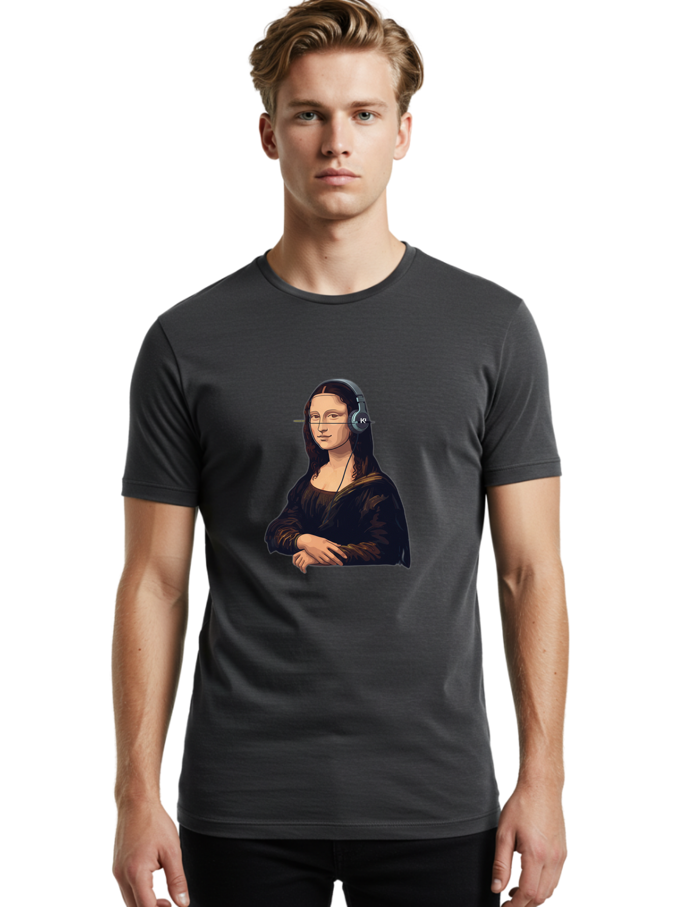 Mona-Lisa-With-Headphones-5 Men'S Graphic Tee, 100% Cotton, Comfortable Casual Summer Wear, Machine Washable, Vintage Camera, Old Camera, Antique Camera, Black Camera, Classic Photography, Photography Equipment, Nostalgic Device, Film Camera, Bam911