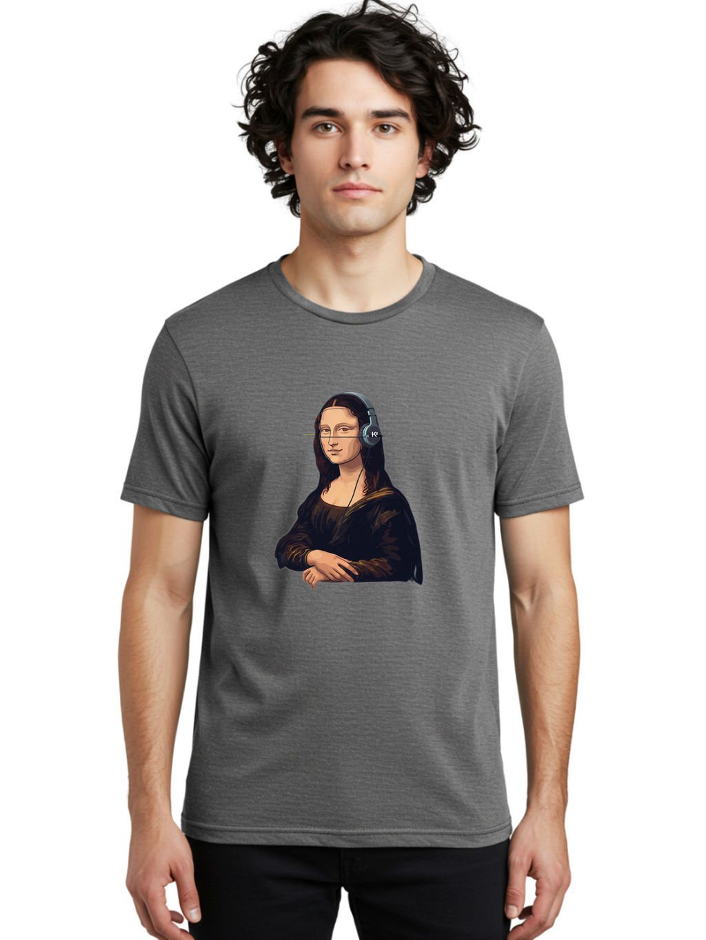 Mona-Lisa-With-Headphones-5 Men'S Graphic Tee, 100% Cotton, Comfortable Casual Summer Wear, Machine Washable, Vintage Camera, Old Camera, Antique Camera, Black Camera, Classic Photography, Photography Equipment, Nostalgic Device, Film Camera, Bam911