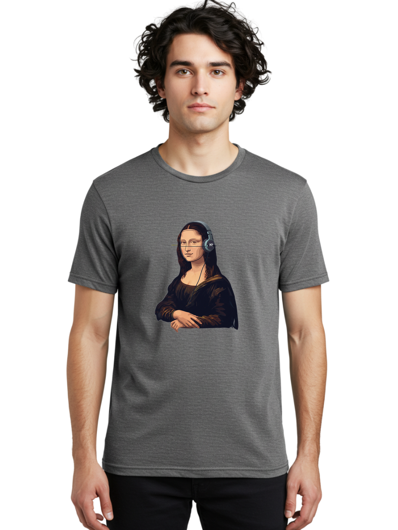 Mona-Lisa-With-Headphones-5 Men'S Graphic Tee, 100% Cotton, Comfortable Casual Summer Wear, Machine Washable, Vintage Camera, Old Camera, Antique Camera, Black Camera, Classic Photography, Photography Equipment, Nostalgic Device, Film Camera, Bam911