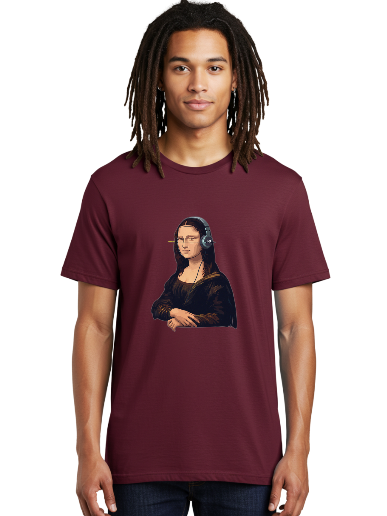 Mona-Lisa-With-Headphones-5 Men'S Graphic Tee, 100% Cotton, Comfortable Casual Summer Wear, Machine Washable, Vintage Camera, Old Camera, Antique Camera, Black Camera, Classic Photography, Photography Equipment, Nostalgic Device, Film Camera, Bam911